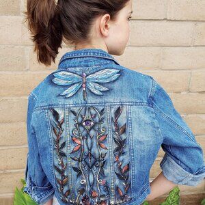 PRICE DROP: Hand Painted Denim Jacket - "Metallic Botanicals" - Tween Size M